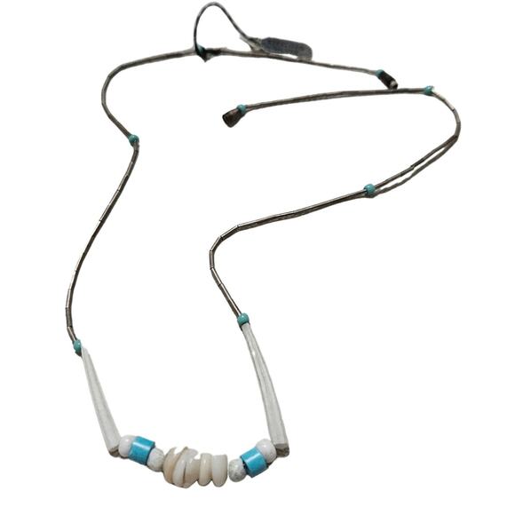 70s Sterling Silver Liquid Beads Turquoise Round Beads Shell Beads Boho Necklace - Picture 1 of 5